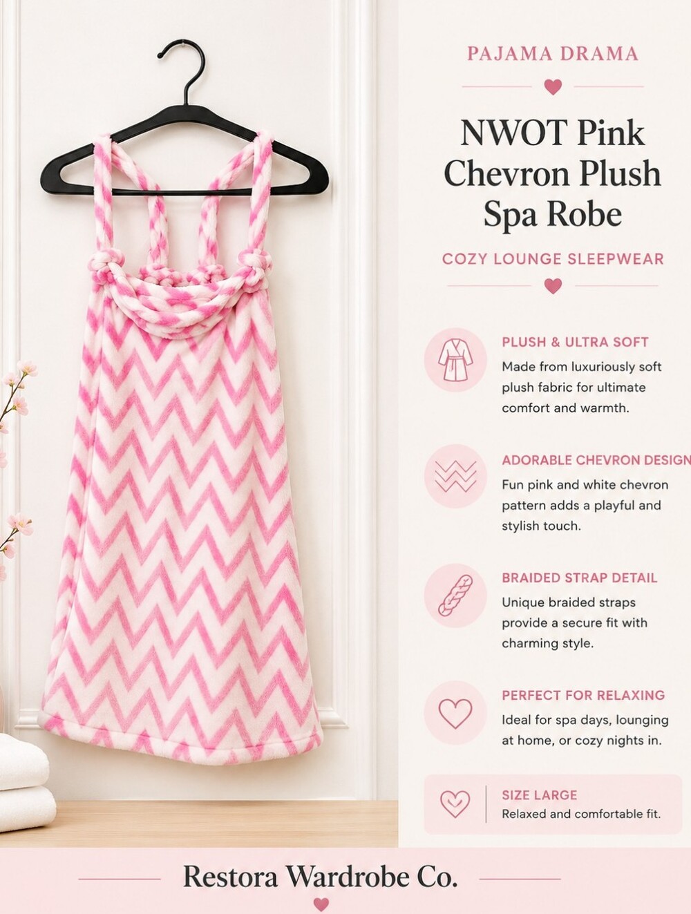 NWOT Pink Chevron Plush Spa Robe Cozy Lounge Sleepwear Large